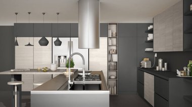 Modern ahşap mutfak ahşap detayları ile yakın, gaz w ocağı