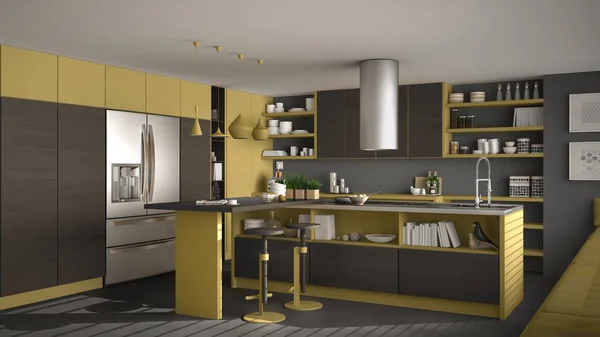 Modern ahşap mutfak ahşap ayrıntılarla, gri ve sarı ikilik — Stok fotoğraf