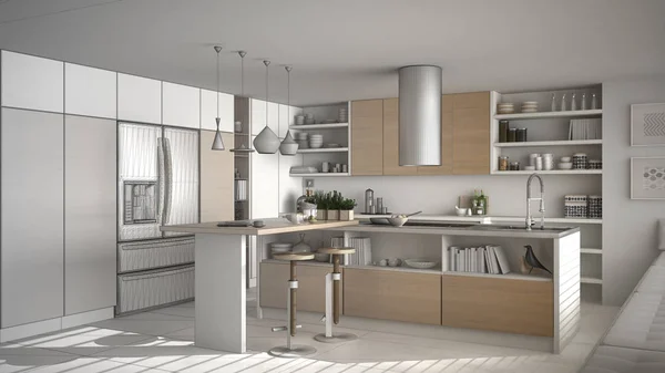 Unfinished project of of modern wooden kitchen with wooden detai — Stock Photo, Image