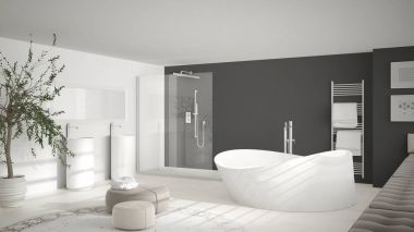 Büyük yuvarlak halı, minimalist whit ile modern klasik banyo