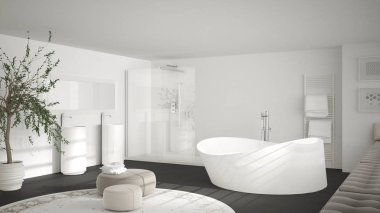 Büyük yuvarlak halı, minimalist whit ile modern klasik banyo