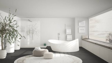Büyük yuvarlak halı, geniş panoramik w ile modern klasik banyo