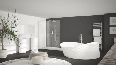 Büyük yuvarlak halı, geniş panoramik w ile modern klasik banyo