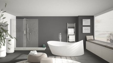 Büyük yuvarlak halı, geniş panoramik w ile modern klasik banyo