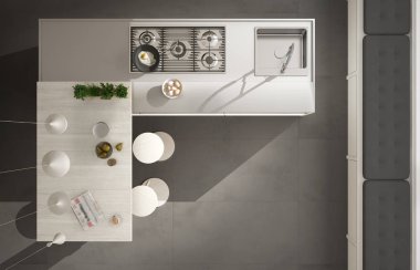 Modern mutfak ahşap ayrıntılarla Adası ve gaz s üzerinde Üstten Görünüm