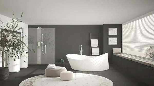 Nowoczesna łazienka classic z ogromnym, okrągłym dywanie, duże panoramiczne w — Zdjęcie stockowe