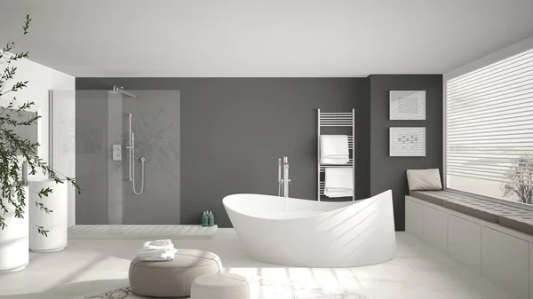 Современная классическая ванная комната с большим круглым ковром, большой панорамной — стоковое фото