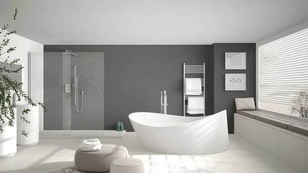 Büyük yuvarlak halı, geniş panoramik w ile modern klasik banyo