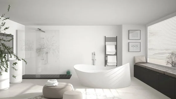Современная классическая ванная комната с большим круглым ковром, большой панорамной — стоковое фото