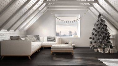 Noel ağacı ve hediyeleri, beyaz ve oyun Loft oturma odası