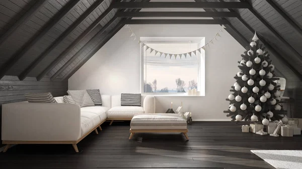 Podkrovní obývák s vánoční stromek a dárky, bílá a gra — Stock fotografie