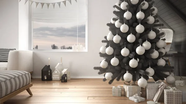 现代阁楼的圣诞树和礼物, 大全景窗口 — 图库照片
