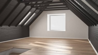 Boş oda, çatı, çatı, Parke ahşap zemin ve ahşap tavan