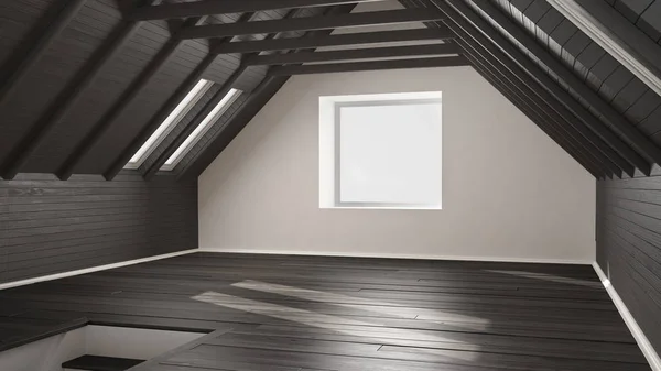 Habitación vacía, altillo, ático, parquet, suelo de madera y techo de madera — Foto de Stock