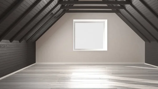 Quarto vazio, sótão, sótão, piso de madeira em parquet e teto de madeira — Fotografia de Stock