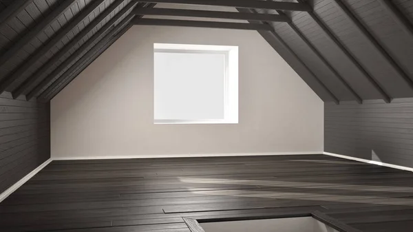 Empty room, loft, attic, parquet wooden floor and wooden ceiling