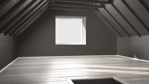 Пустая комната, лофт, чердак, паркет деревянный пол и деревянный потолок — стоковое фото