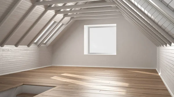빈 방, 다락방, 다락방, 나무 마루 나무 바닥 및 목재 천장 — 스톡 사진