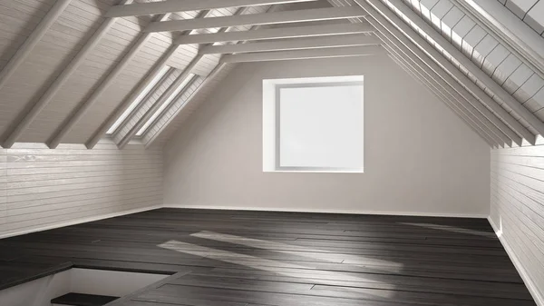 빈 방, 다락방, 다락방, 나무 마루 나무 바닥 및 목재 천장 — 스톡 사진