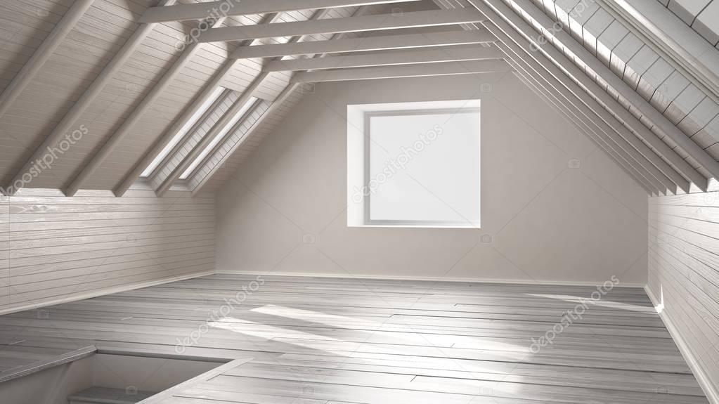 Empty room, loft, attic, parquet wooden floor and wooden ceiling