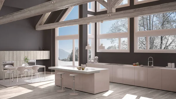 Moderne Küche in klassischer Villa, Dachboden, große Panoramafenster auf — Stockfoto