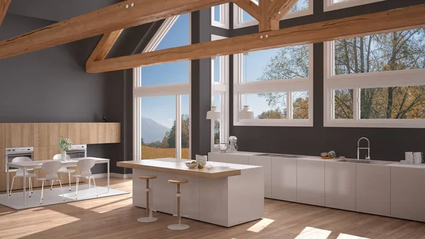 Classic villa, çatı, büyük panoramik pencereler üzerinde modern mutfak — Stok fotoğraf