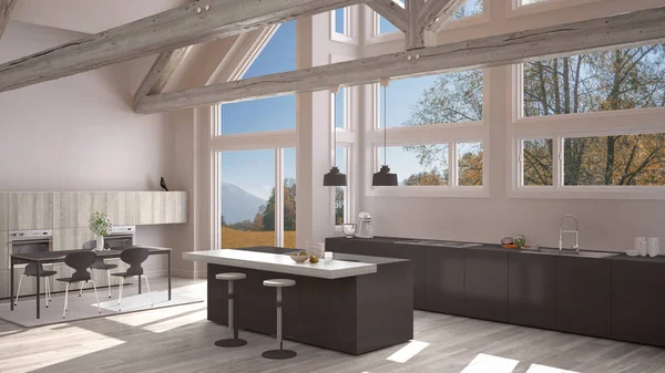 Cucina moderna in villa classica, soppalco, grandi finestre panoramiche — Foto Stock