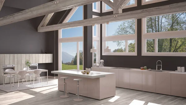 Moderne Küche in klassischer Villa, Dachboden, große Panoramafenster auf — Stockfoto