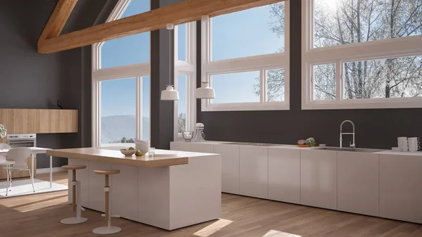 Klasszikus villa, loft, a nagy ablakok panorámás modern konyha — Stock Fotó