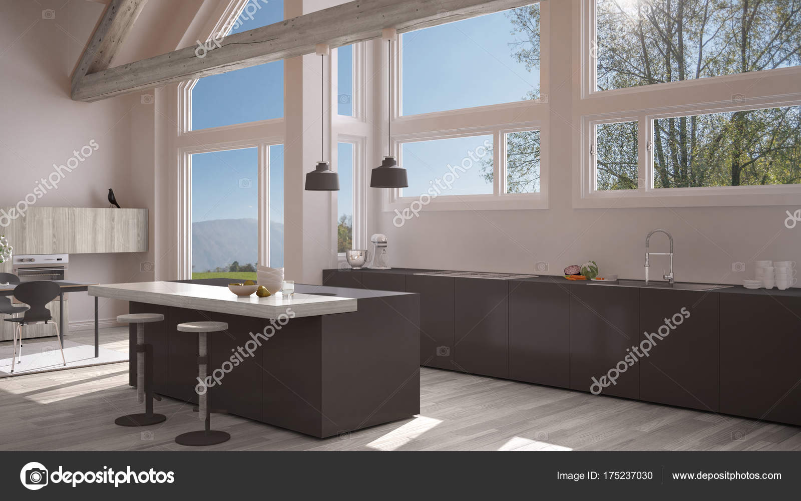 Modern kitchen in classic villa, loft, big panoramic windows on ... Cucine per loft