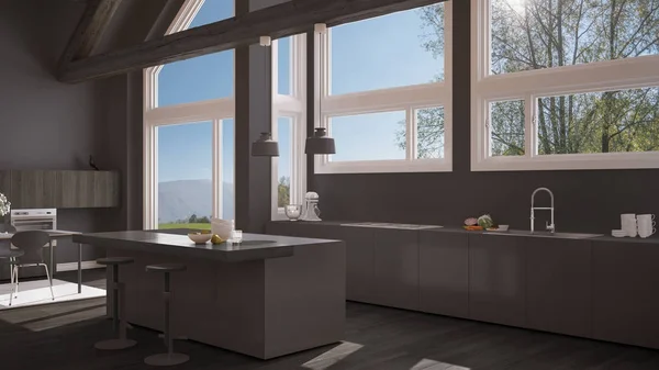 Classic villa, çatı, büyük panoramik pencereler üzerinde modern mutfak — Stok fotoğraf
