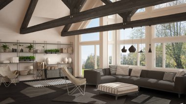 Oturma odası lüks Eko ev, parke zemin ve ahşap çatı t