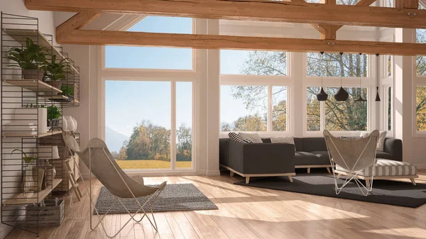 Sala de estar de luxo eco casa, piso em parquet e telhado de madeira t — Fotografia de Stock