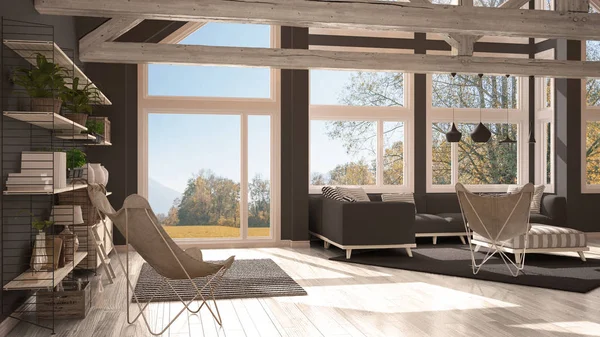 Obývací pokoj luxusní eco house, parketové podlahy a dřevěné střešní t — Stock fotografie