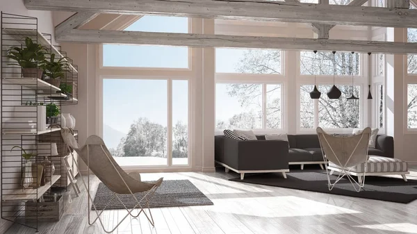 Living room of luxury eco house, parquet floor and wooden roof t