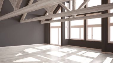 Boş oda Lüks Eko ev, parke zemin ve ahşap çatı, panoramik büyük pencereler, modern beyaz ve gri mimari iç tasarım makasları