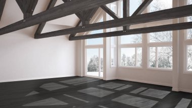 Boş oda Lüks Eko ev, parke zemin ve ahşap çatı makasları, kış çayır, modern beyaz ve gri mimari iç tasarım panoramik penceresinde