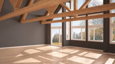 Boş oda Lüks Eko ev, parke zemin ve ahşap çatı makasları, sonbahar çayır, modern beyaz ve gri mimari iç tasarım panoramik penceresinde