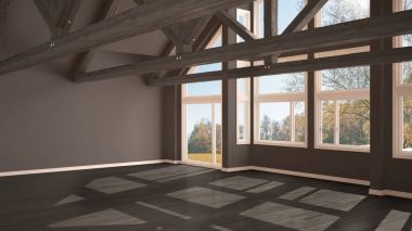 Boş oda Lüks Eko ev, parke zemin ve ahşap çatı makasları, sonbahar çayır, modern gri mimari iç tasarım panoramik penceresinde