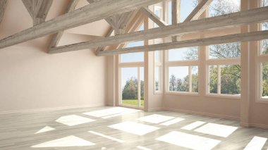 Boş oda Lüks Eko ev, parke zemin ve ahşap çatı makasları, yaz bahar çayır, modern beyaz mimari iç tasarım panoramik penceresinde