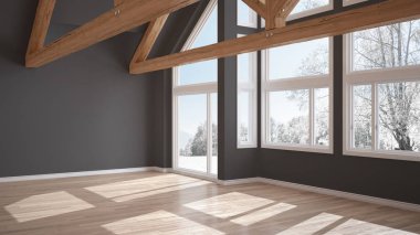 Boş oda Lüks Eko ev, parke zemin ve ahşap çatı makasları, kış çayır, modern beyaz ve gri mimari iç tasarım panoramik penceresinde