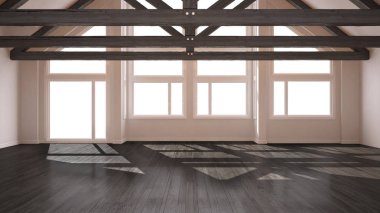 Boş oda Lüks Eko ev, parke zemin ve ahşap çatı, panoramik büyük pencereler, modern beyaz ve gri mimari iç tasarım makasları