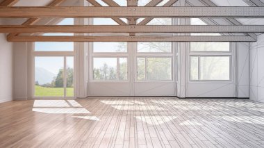 Boş oda Lüks Eko ev, parke zemin ve ahşap çatı, tamamlanmamış proje, panoramik pencere, modern beyaz mimari iç tasarım makasları