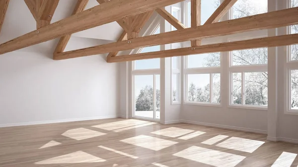 Prázdný Pokoj Luxusní Eco House Parketové Podlahy Dřevěné Střešní Vazníky — Stock fotografie