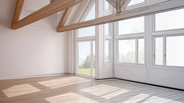 Boş oda panoramik panoramik penceresi yaz bahar çayır, modern beyaz mimari iç tasarım üzerinde lüks Eko ev, parke zemin ve ahşap çatı makasları, tamamlanmamış proje