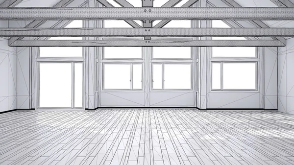 Niedokończony Projekt Pusty Pokój Luksusowy Dom Eko Parkiet Drewniane Dach — Zdjęcie stockowe