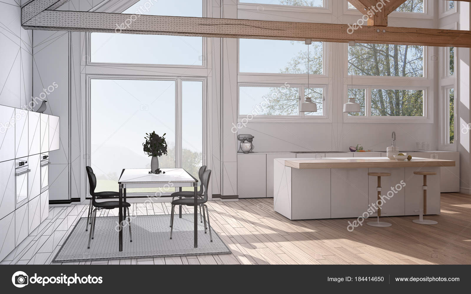 Progetto incompiuto di cucina moderna in classica villa, loft ... Villa moderna progetto