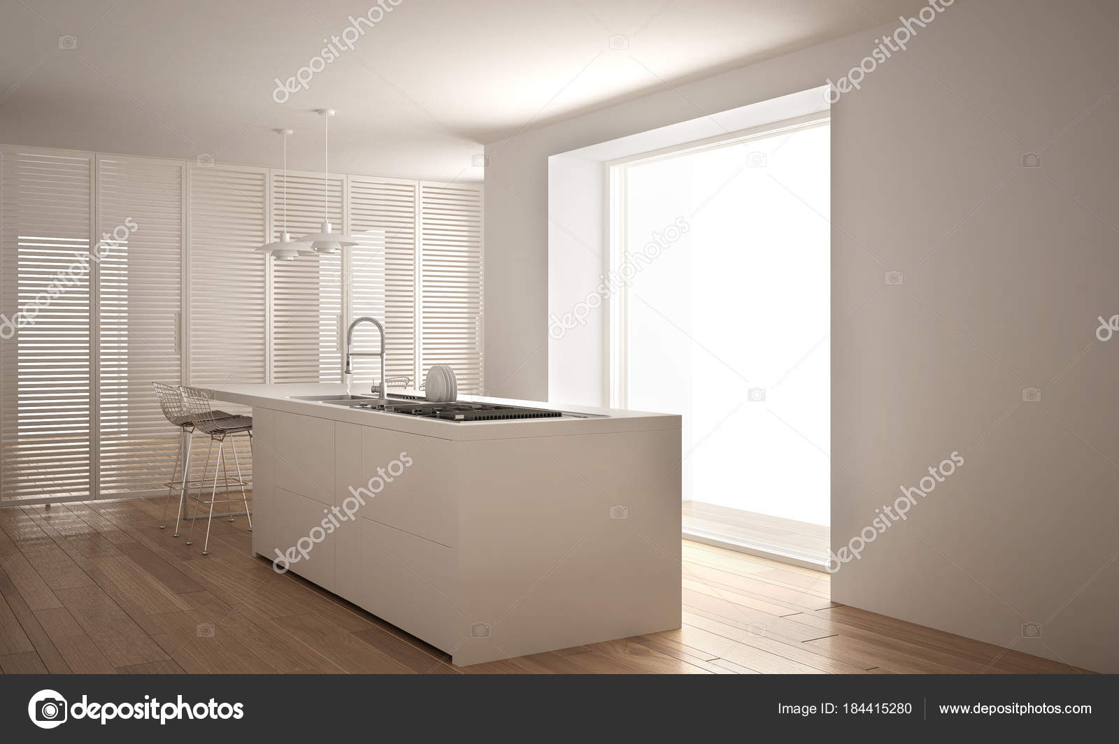 Cucina bianca moderna con isola e grande finestra, minimalista ... Cucina bianca moderna con isola