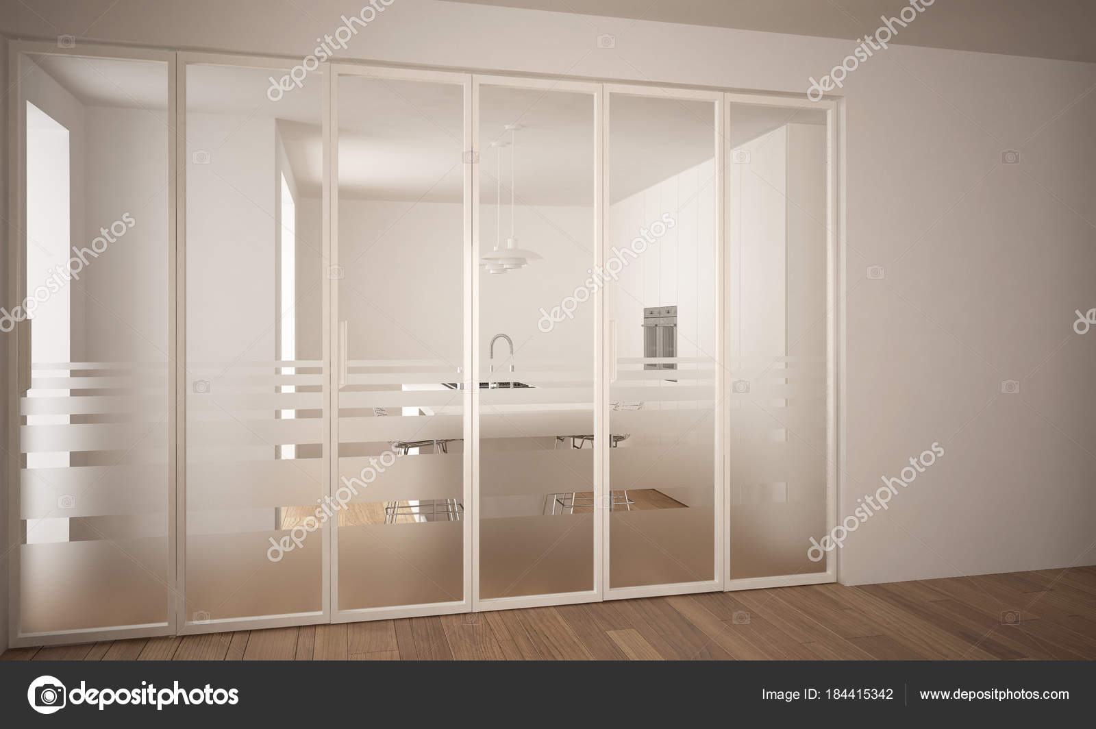 Modern Sliding Door With Kitchen In The Background White Minimal