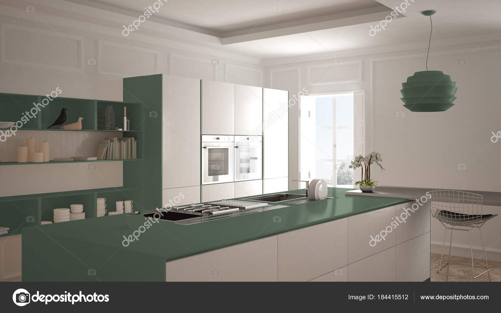 Cozinha Moderna No Interior Cl Ssico Ilha Com Fezes E Duas Janela Cozinha Moderna No Interior Cl Ssico Ilha Com Fezes E Duas Janela
